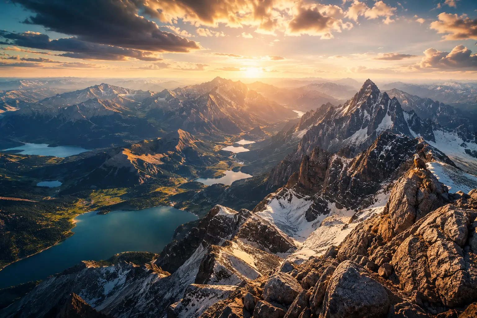 Sunrise over a mountain range with an eagle perched on the summit